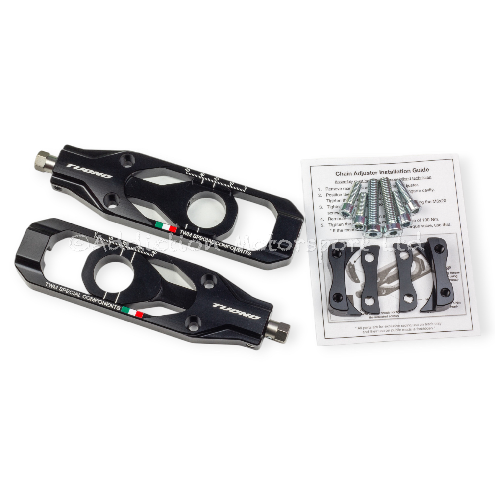  TWM CNC Billet Aluminium Black Chain Adjuster for Aprilia Tuono V4 Factory 1100 - Addiction Motorsport Ltd