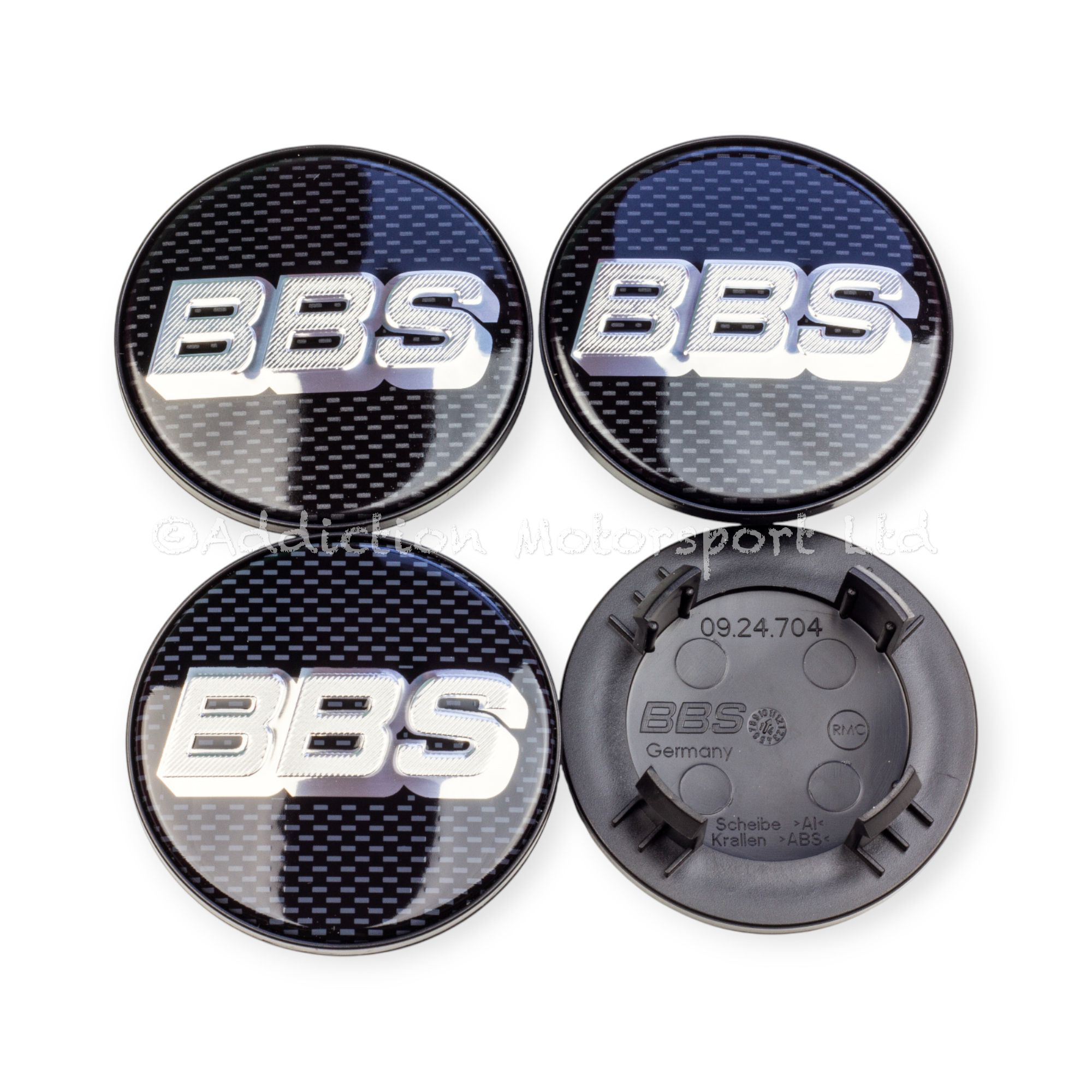  Genuine BBS Wheel Caps, Black Carbon, Silver BBS Logo 64.5mm